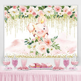 Lofaris White and pink floral cute pig baby shower backdrop
